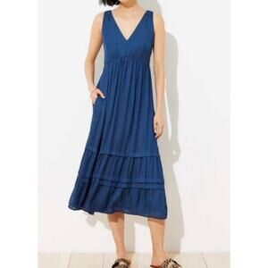 Loft Spotted Tiered Pocket V Neck Sleeveless Midi Dress US Womens 18 Plus